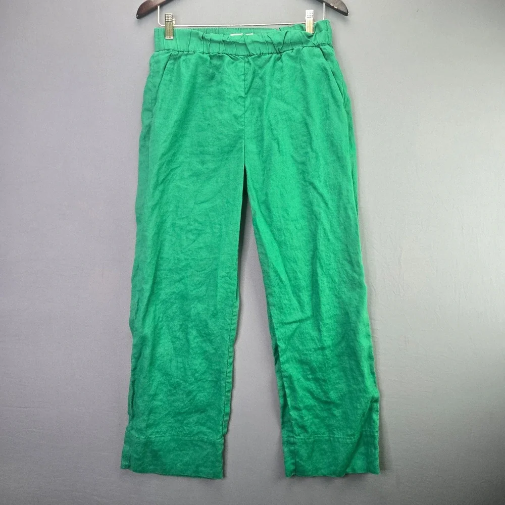 Everlane Linen Paperbag Waist Pants Green Straight Leg Crop Small S 24 Inseam